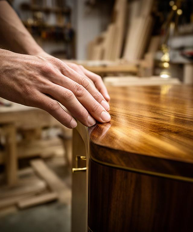 Nahaufnahme einer Schreinerhand an einer geölten Holzoberfläche in der Werkstatt von A1 Atelier Meier