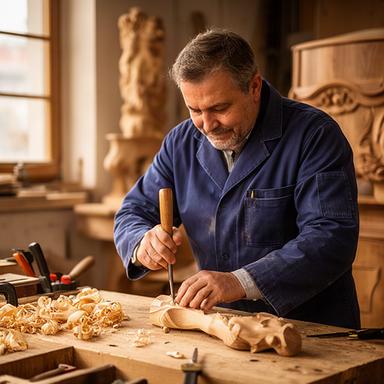 Markus von A1 Atelier Meier bei der Holzbildhauerei an einer Werkbank