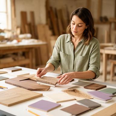 Anna von A1 Atelier Meier bespricht einen Möbelentwurf mit Materialmustern