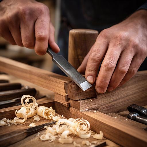 Hände eines Tischlers bei präziser Stemm arbeit an einer traditionellen Holzverbindung