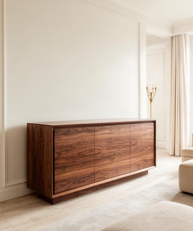 Handgefertigtes Sideboard aus Nussbaum in einer hellen Wohnung mit sichtbarer Holzmaserung