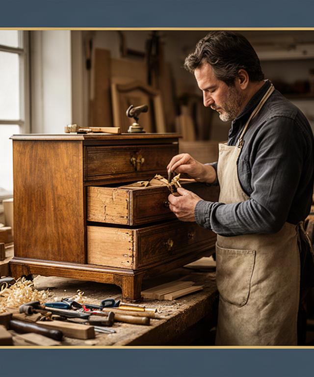 Restaurator bearbeitet eine antike Holzkommode in der Werkstatt von A1 Atelier Meier in Liestal