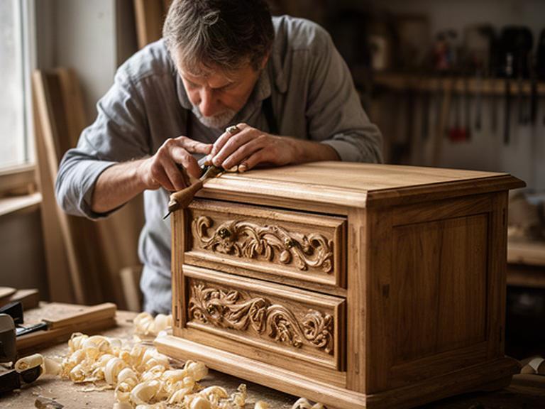 Schreiner bei der Arbeit an einer geschnitzten Holzkommode in der Werkstatt von A1 Atelier Meier