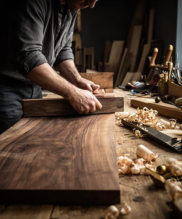 Tischler bearbeitet eine massive Nussbaumplatte an einer Werkbank in der Werkstatt von A1 Atelier Meier