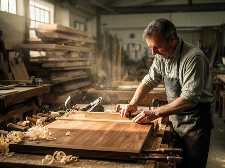 Schreiner bei der Handarbeit an einer Holzplatte in der Werkstatt in Liestal