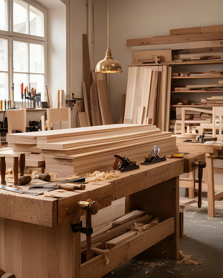 Helle Schreinerwerkstatt in Liestal mit Werkbank, Holzbohlen und handgeführten Werkzeugen
